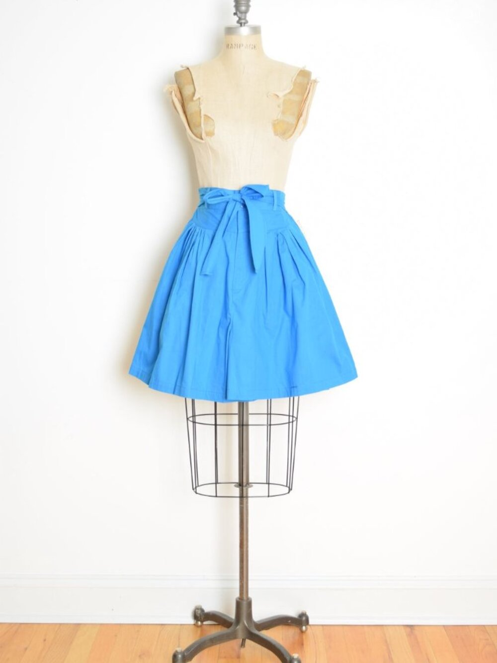vintage 80s skort blue cotton full shorts high waist rise belted bow pleated M
